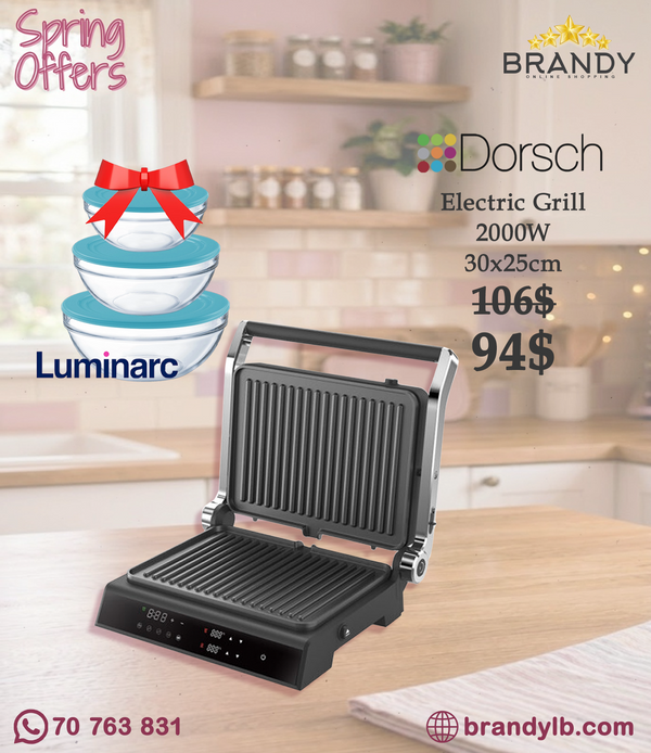 Dorsch Sandwich Grill DH-07601 1800W 180° BBQ Removable Plates + Free Luminarc 3 Glass Bowls