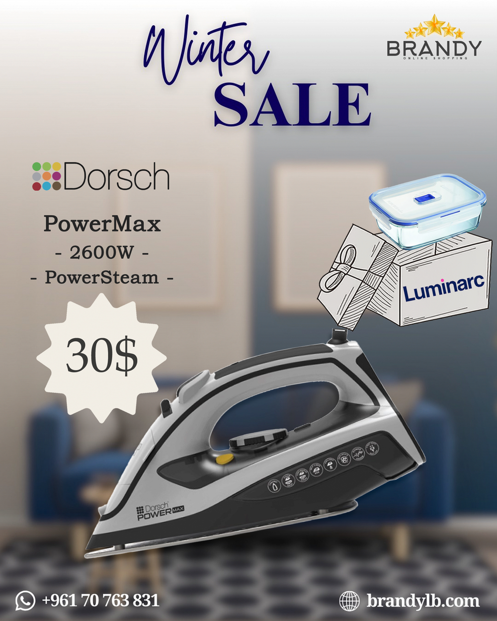 Steam Iron PowerMax IR-500, Adjustable Steam + Free Luminarc Glass Container