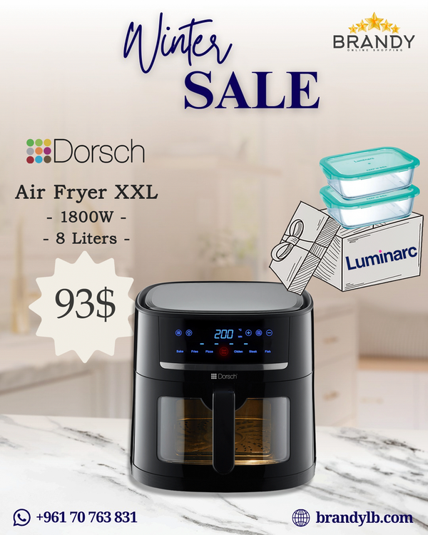 Air Fryer Digital XXL 8L AF600 Glass Window + Free Luminarc 2 Glass Containers