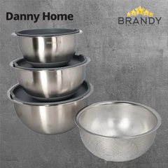 Danny Home Set 3 Stainless Steel Bowls with Lids & Strainer ACJL-201-1