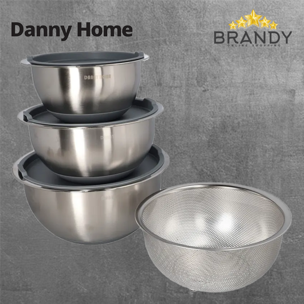 Danny Home Set 3 Stainless Steel Bowls with Lids & Strainer ACJL-201-1