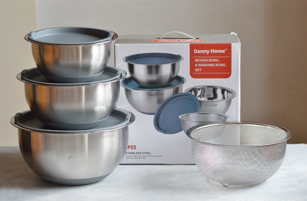 Danny Home Set 3 Stainless Steel Bowls with Lids & Strainer ACJL-201-2