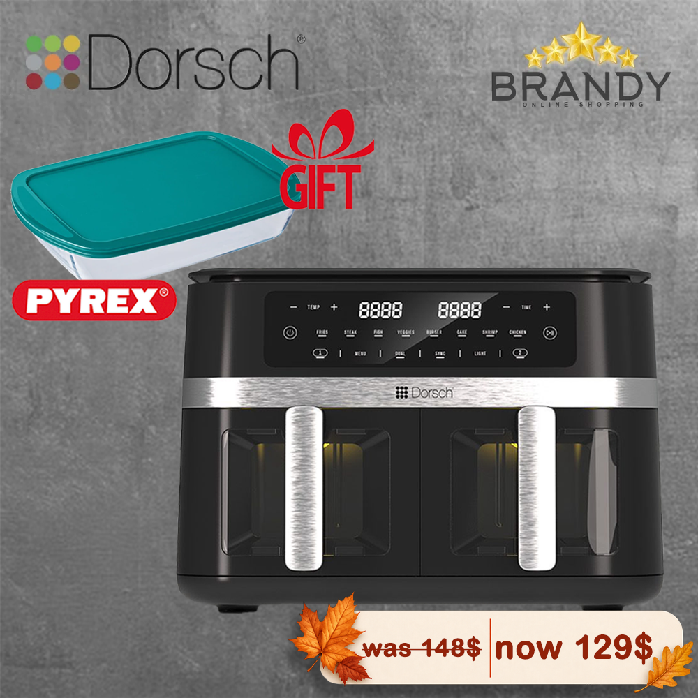 Dorsch AF-820 Dual Air Fryer 11L (2×5.5L) Digital Dual Drawer Black with Gift Pyrex Roaster