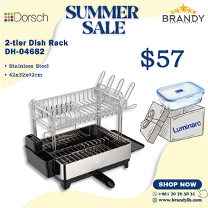 Stainless Steel 2-Tier Dish Rack with Wine Glass and Cutlery Holder + Free Luminarc Food Container