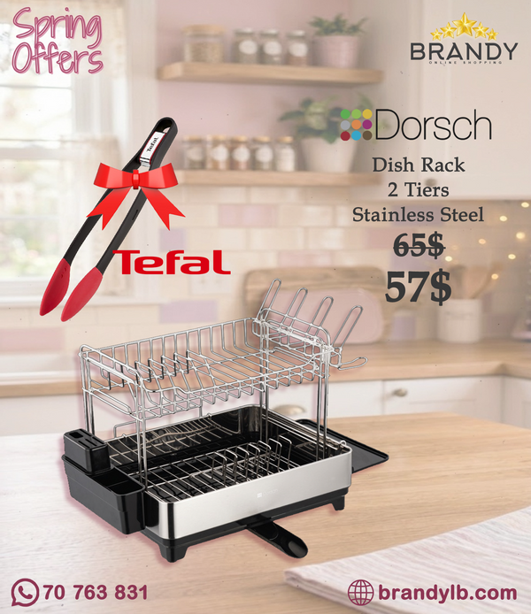 Dorsch Stainless Steel 2-Tier Dish Rack DH-04682 43x61x32 cm + Free Tefal Tongs