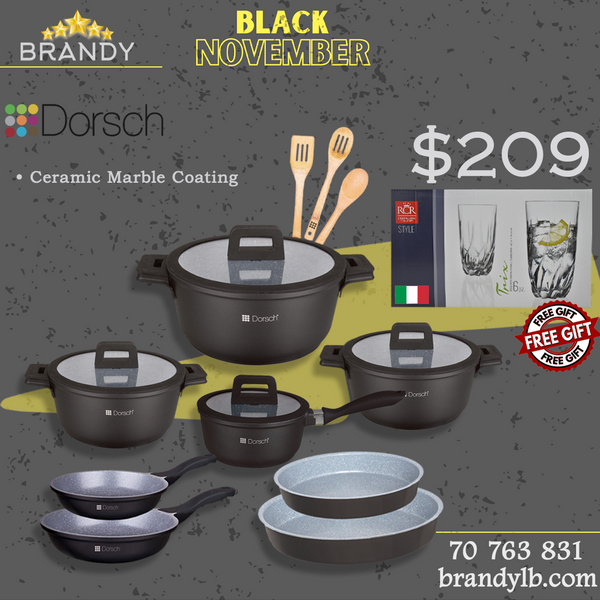 Dorsch Lifetime Granite Cookware Set 8pcs + Free RCR Italian Crystal Glasses