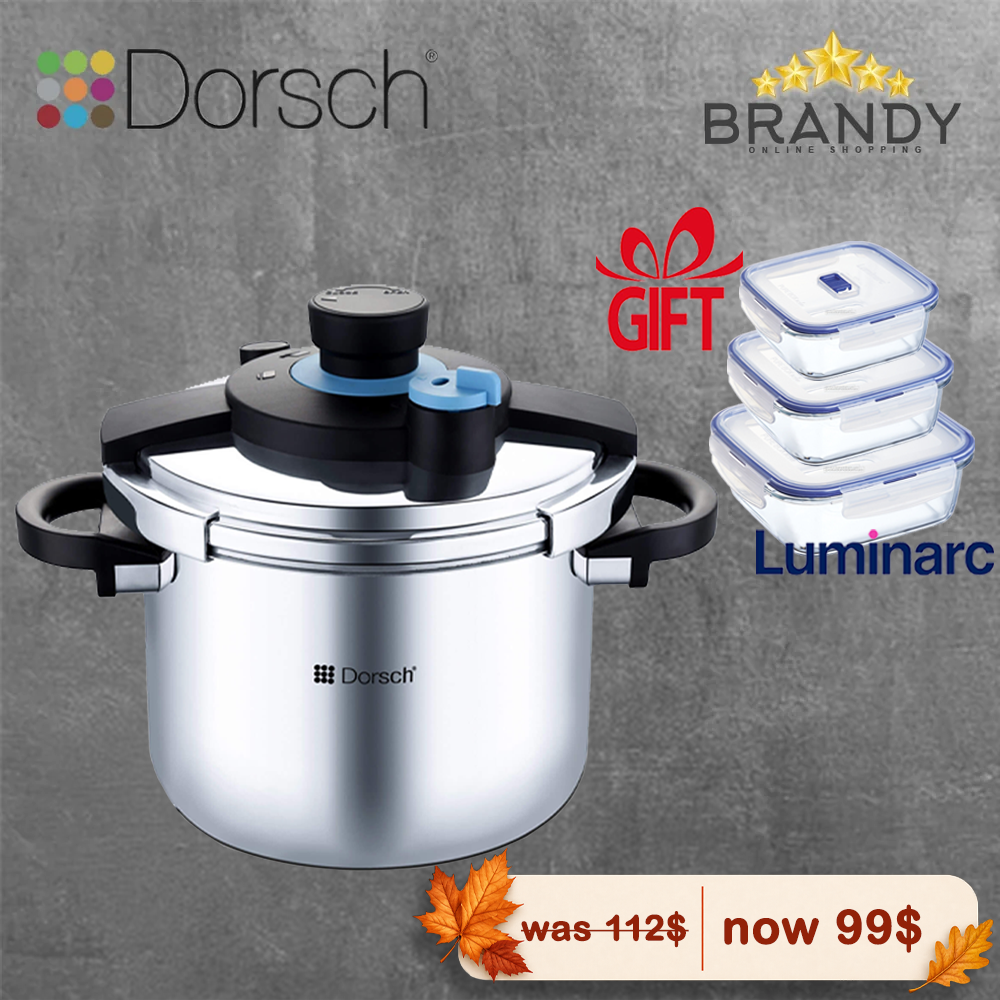 Dorsch GoPress Pressure Cooker 8L Stainless Steel Induction with Free Luminarc 3 Glass Containers