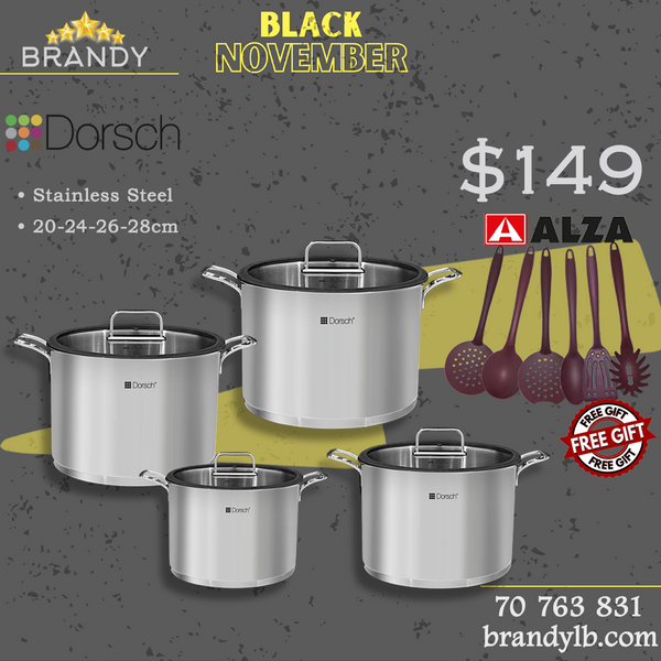 Steel Pro Stock Pots Set 4pcs + Free Alza Utensils Set