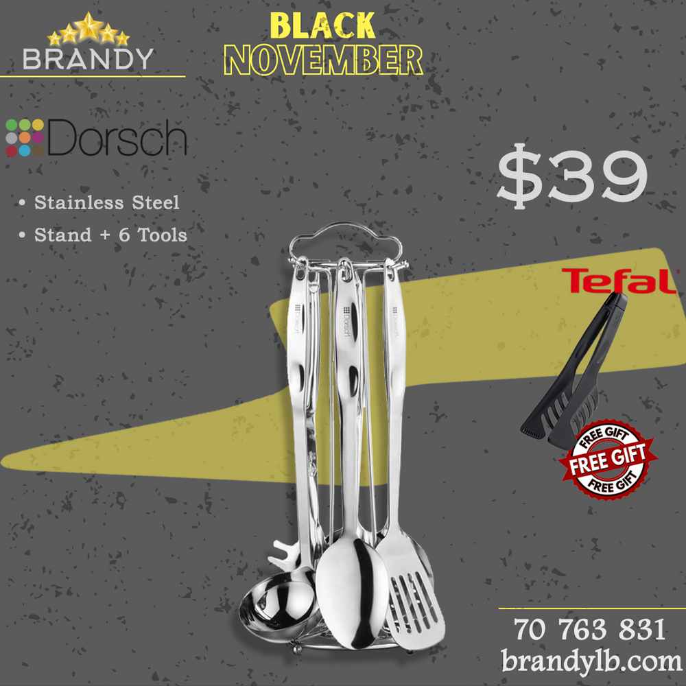 Stainless Utensils Set With Stand + Free Tefal Tongs