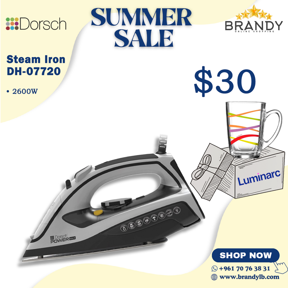 Steam Iron PowerMax IR-500, Adjustable Steam + Free Luminarc Mug