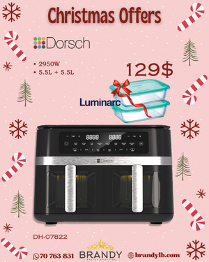 Dual Air Fryer Digital 11L AF-820 - Independent Heat Control + Free Luminarc 2 Glass Containers