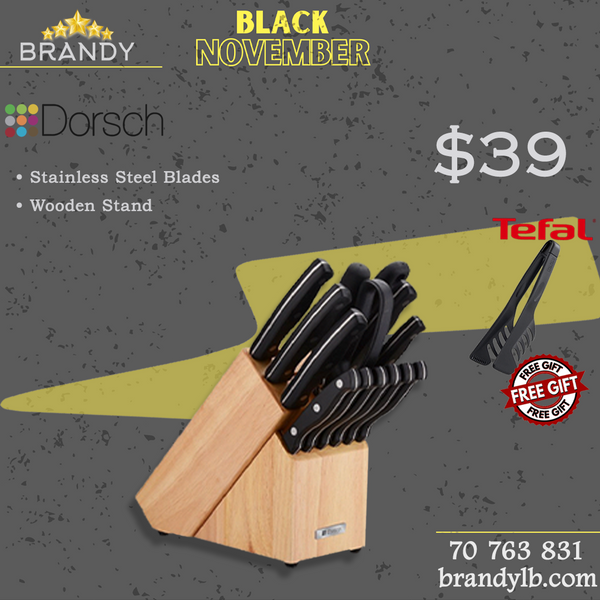 Classic Knife Set 14pcs with Wooden Stand + Free Tefal Tongs