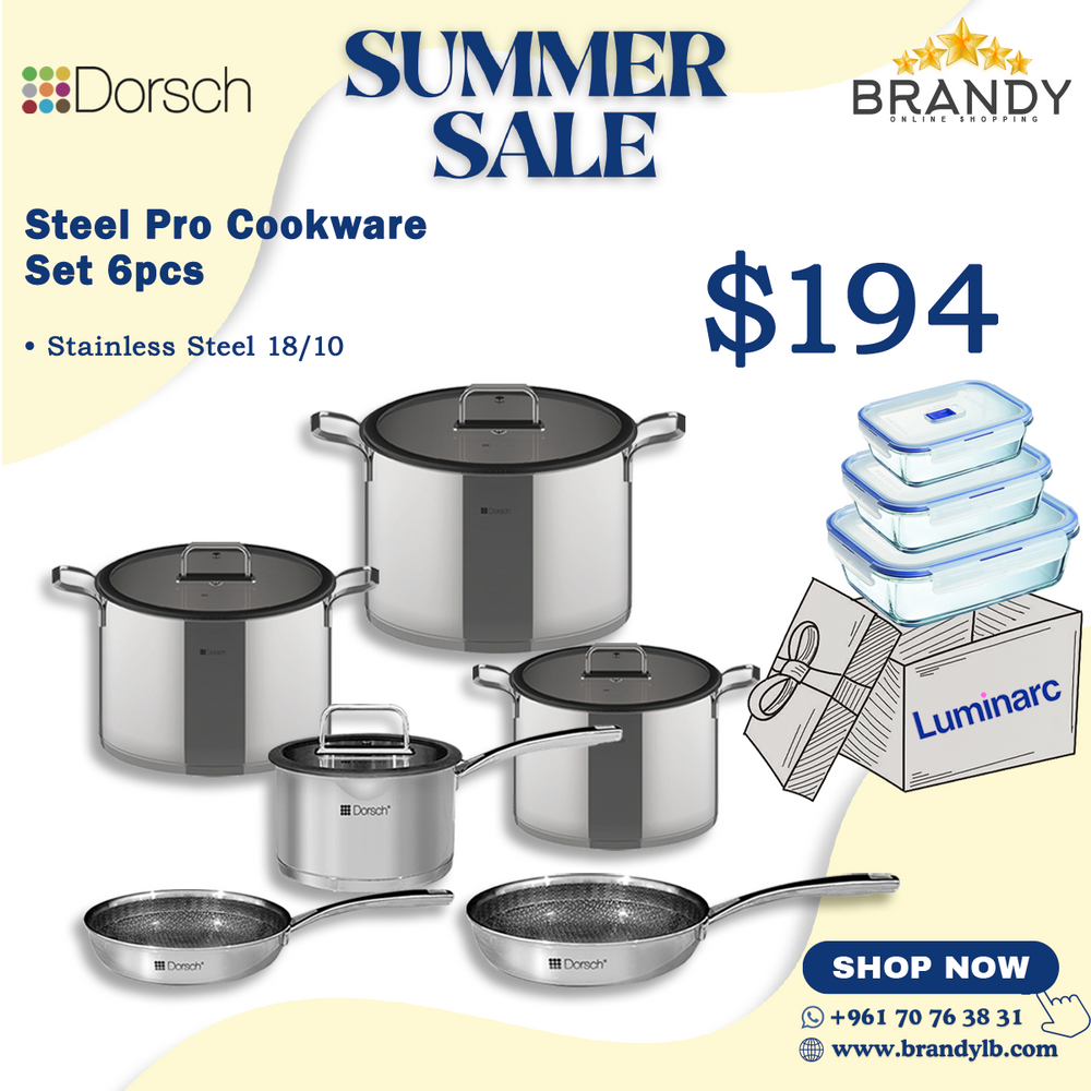 Steel Pro Cookware Set 6pcs + Free Luminarc Pure Box Set