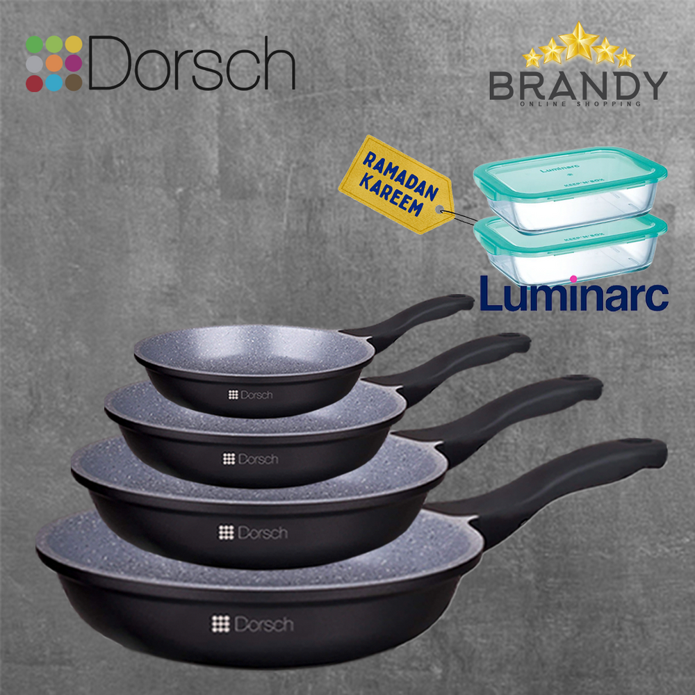 Lifetime Granite Set 4 Frypans + Free Luminarc 2 Glass Containers