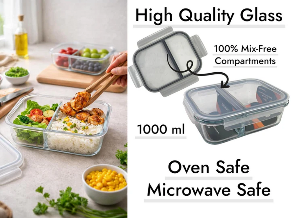 Dosthoff Divided Rectangular Glass Container with Lid 1000ml