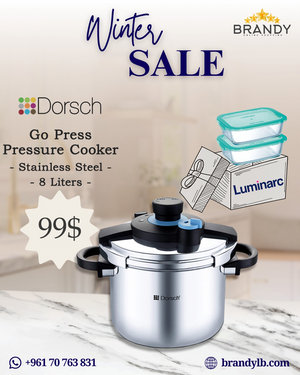 Go Press Pressure Cooker 8 Liters + Free Luminarc 2 Glass Containers