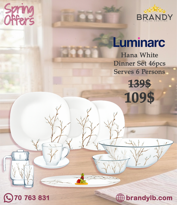 Luminarc Hana White N2314 46-Piece Dinner Set Tempered Sodo Glass