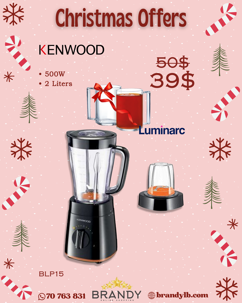 Kenwood Blender With Mill 2L BLP15 - Ice Crushing + Free 2 Luminarc Mugs