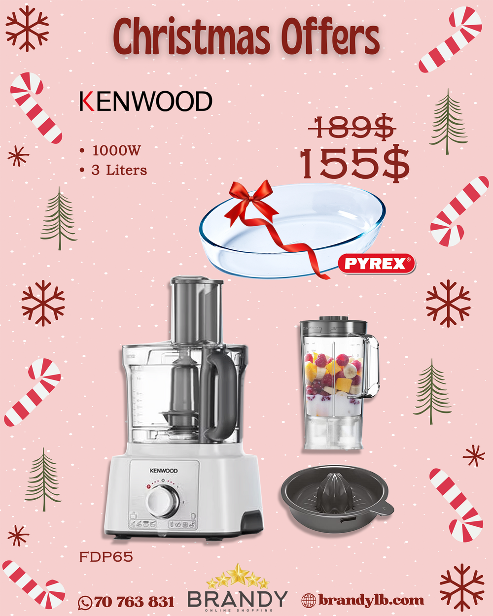 Food Processor FDP65.450WH 1000W with 3L Bowl + Free Pyrex Roaster