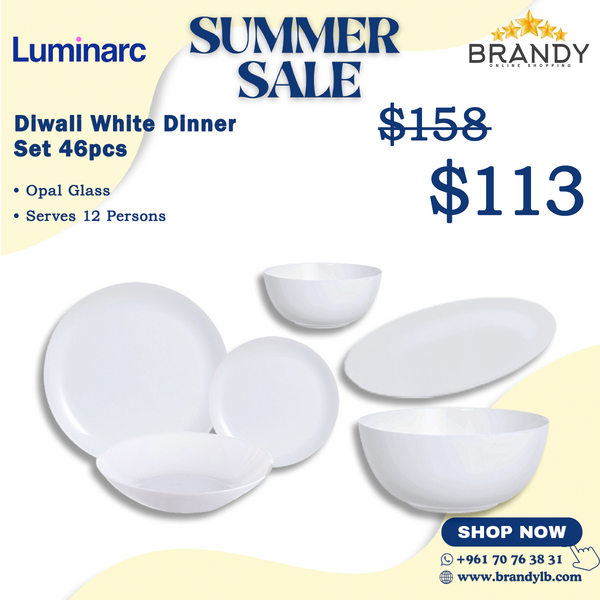 Diwali White Dinner Set 46pcs, Opal Glass Tableware