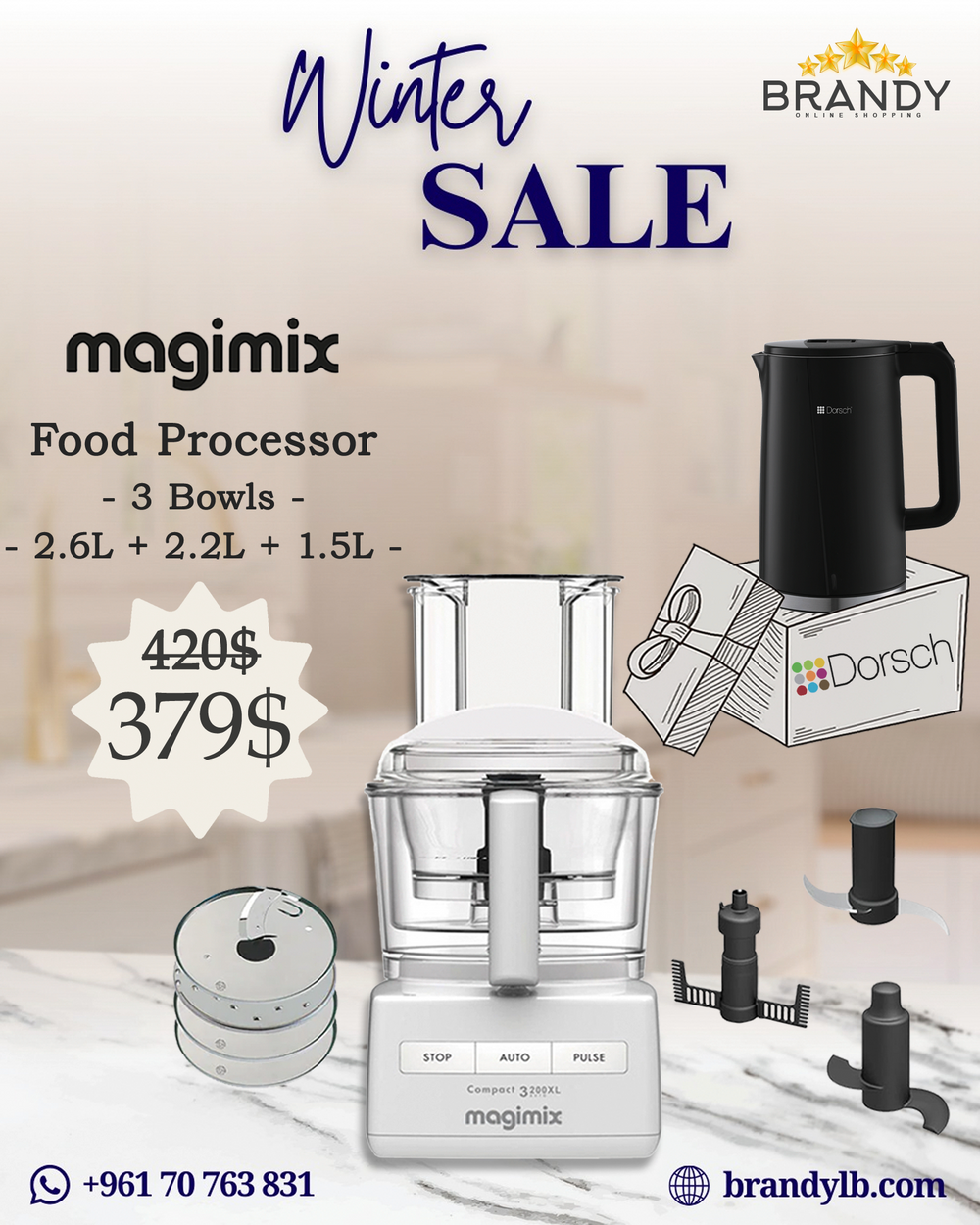 Food Processor 2.6L MX3200BXL + Free Dorsch Kettle