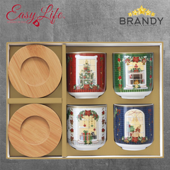 Easy Life Festive Avenue Espresso Cup Set 4 x 110 ml with Bamboo Saucers