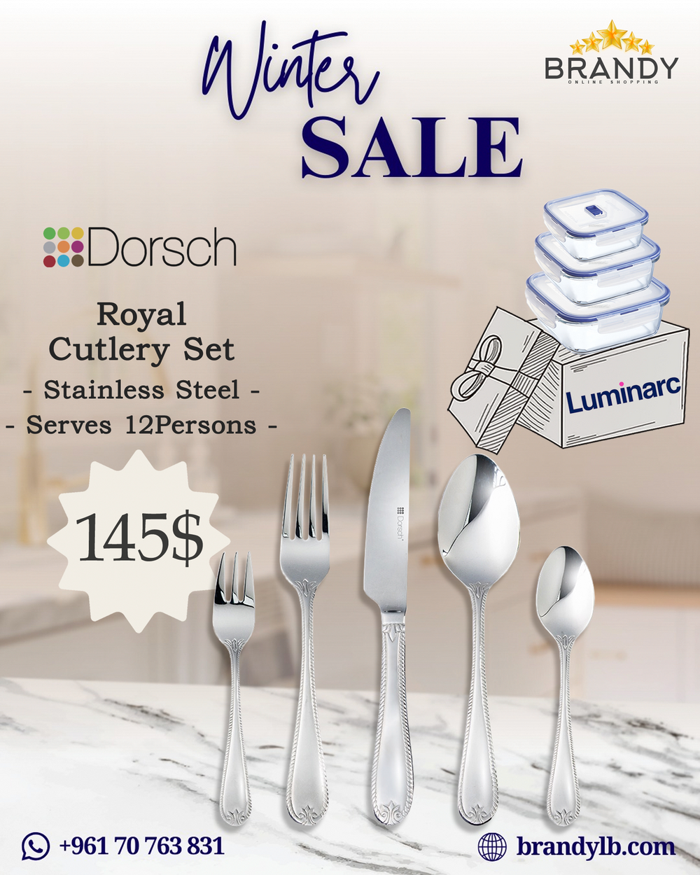 Royal Cutlery Set 72pcs Stainless Steel + Free 3 Luminarc Food Containers