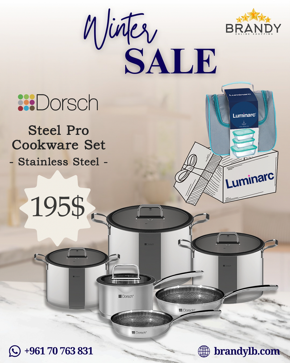 Dorsch Steel Pro Cookware Set 6pcs + Free Luminarc Lunch Bag Set