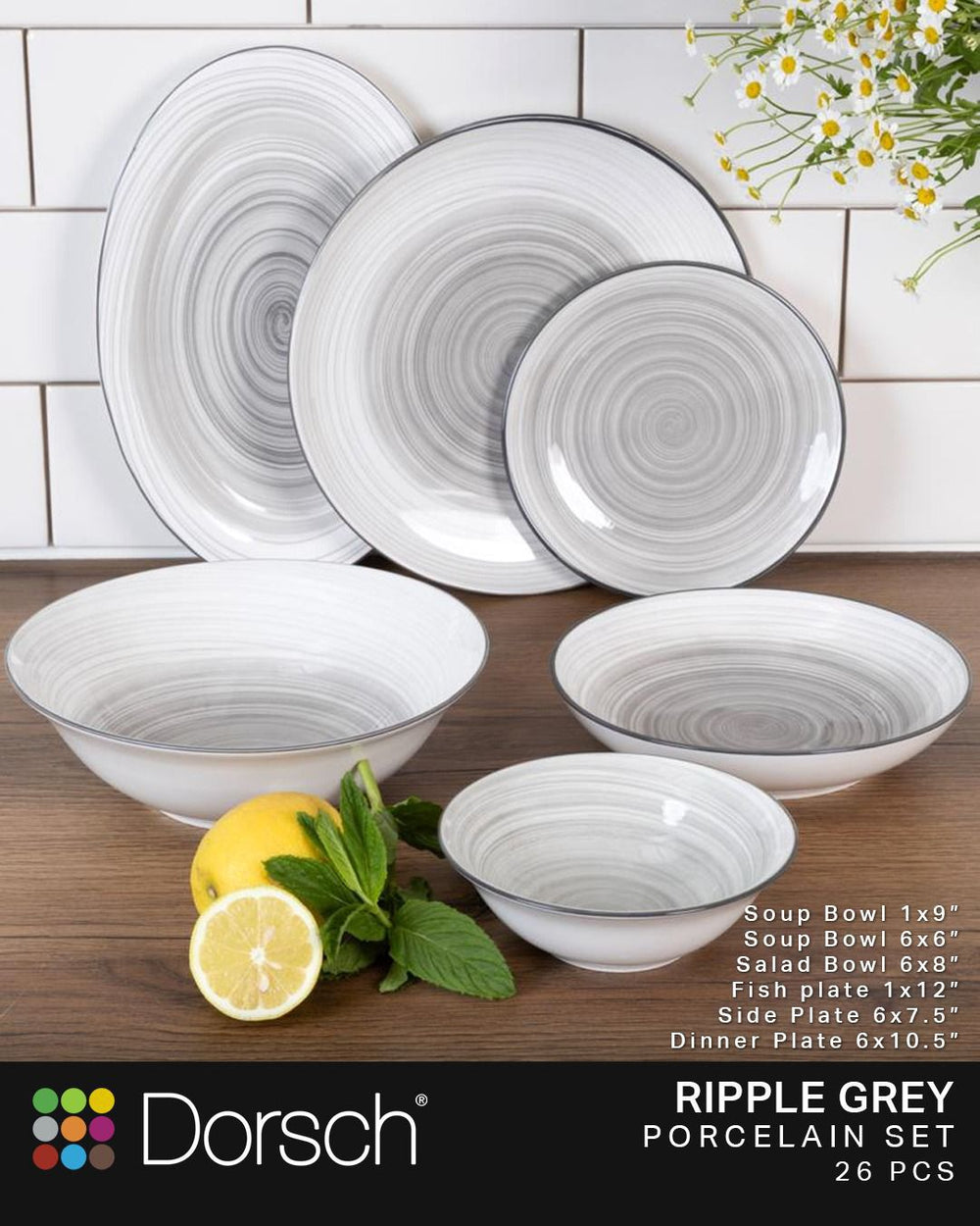 Dorsch Ripple Gray Stoneware Dinner Set 26pcs-1