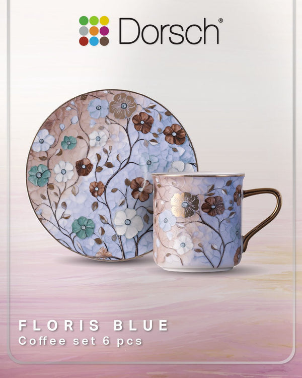 Dorsch Floris Blue Coffee Cups Set 6pcs Porcelain 90ml with Saucers-2