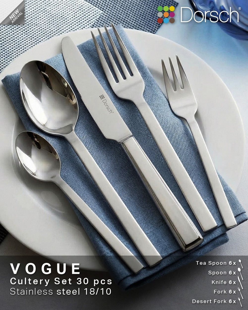 Dorsch Vogue 60pcs Cutlery Set 18/10 Stainless Steel + Free Pyrex Glass Containers