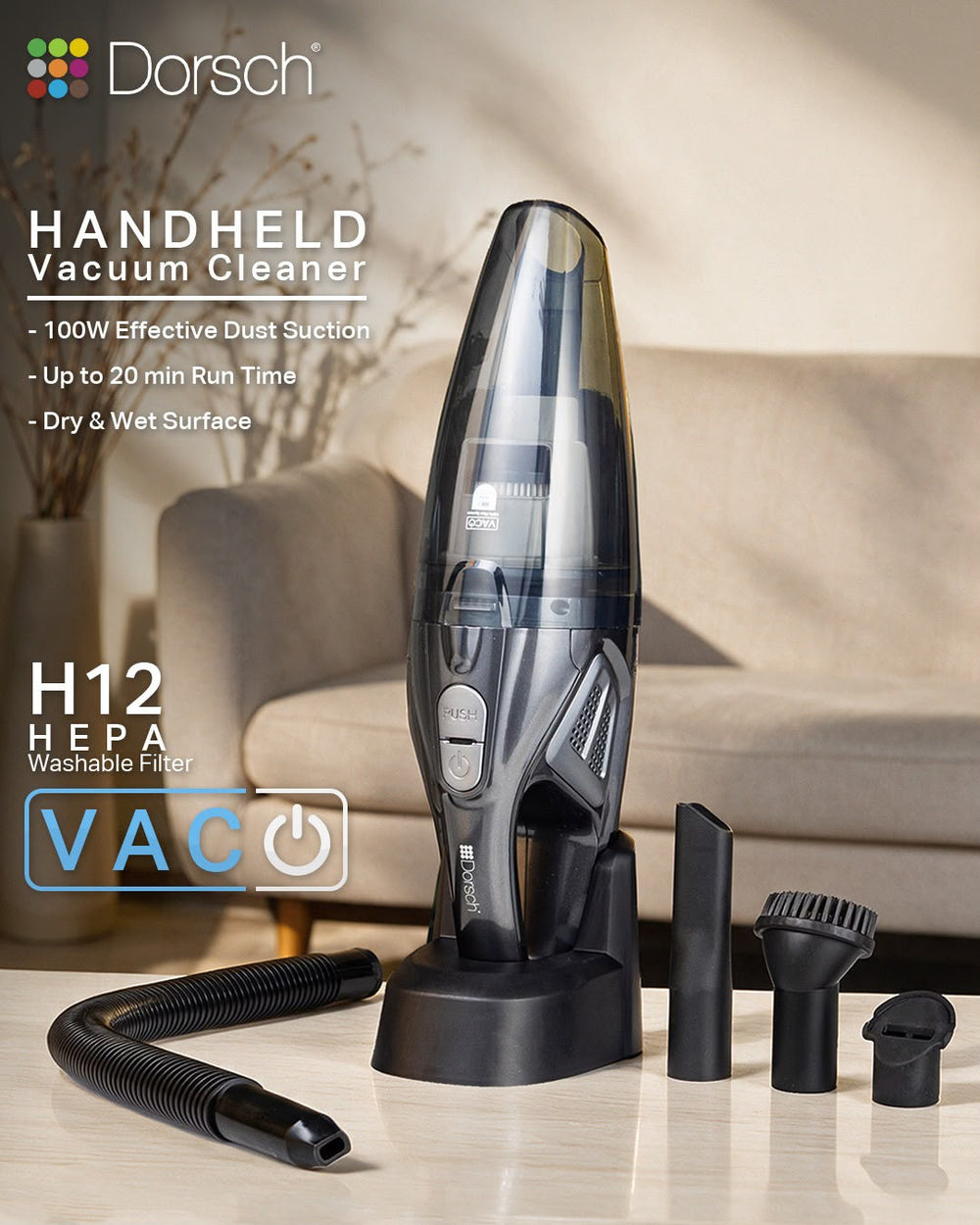 Dorsch Handheld Vacuum Cleaner 100W Wet & Dry H12 HEPA