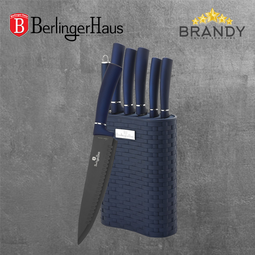 Aquamarine Set 6 Stainless Steel Knives with Stand, Non-Slip Blue Block
