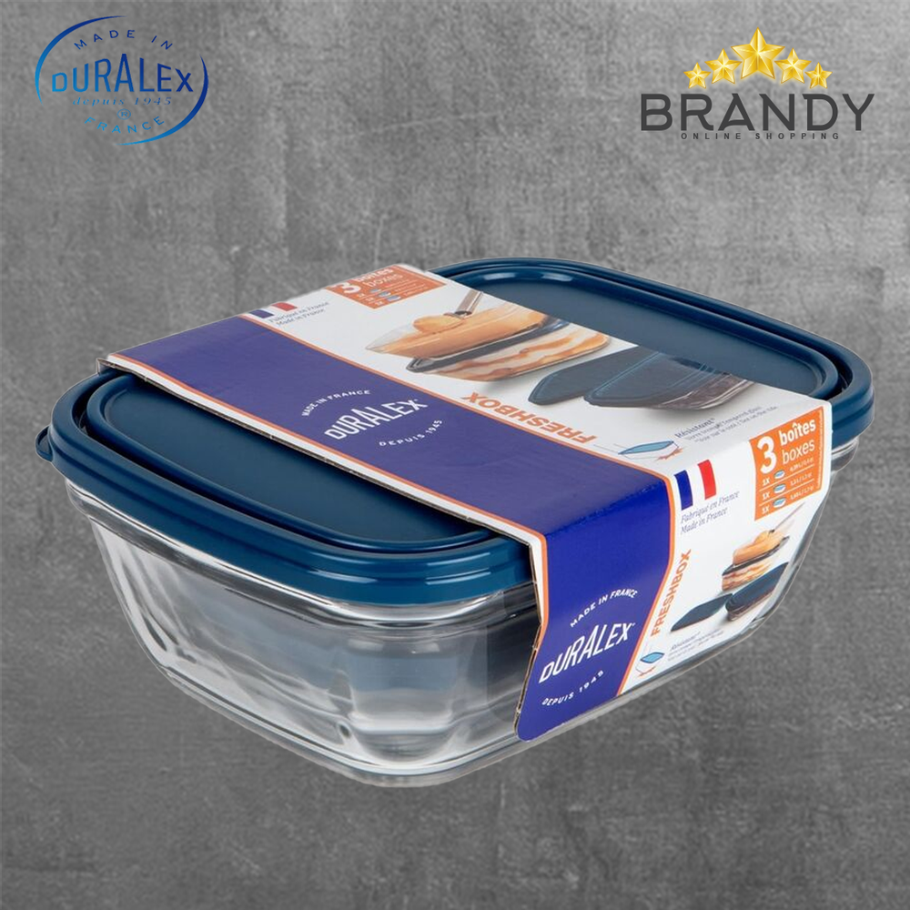 Freshbox Set 3 Dark Blue Rectangular Food Containers Tempered Glass Kitchenware