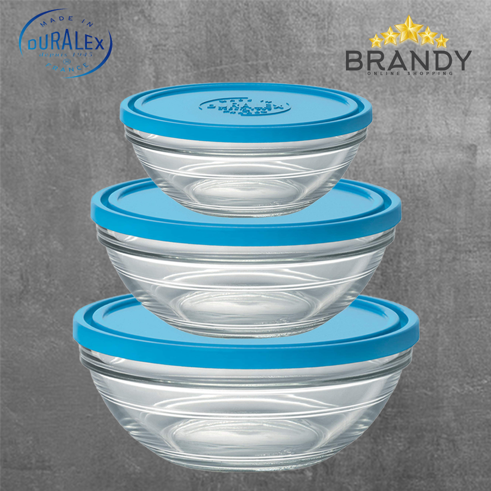 Lys Set 3 Round Food Containers - Tempered Glass, Blue, Microwave Safe