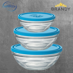 Lys Set 3 Round Food Containers - Tempered Glass, Blue, Microwave Safe