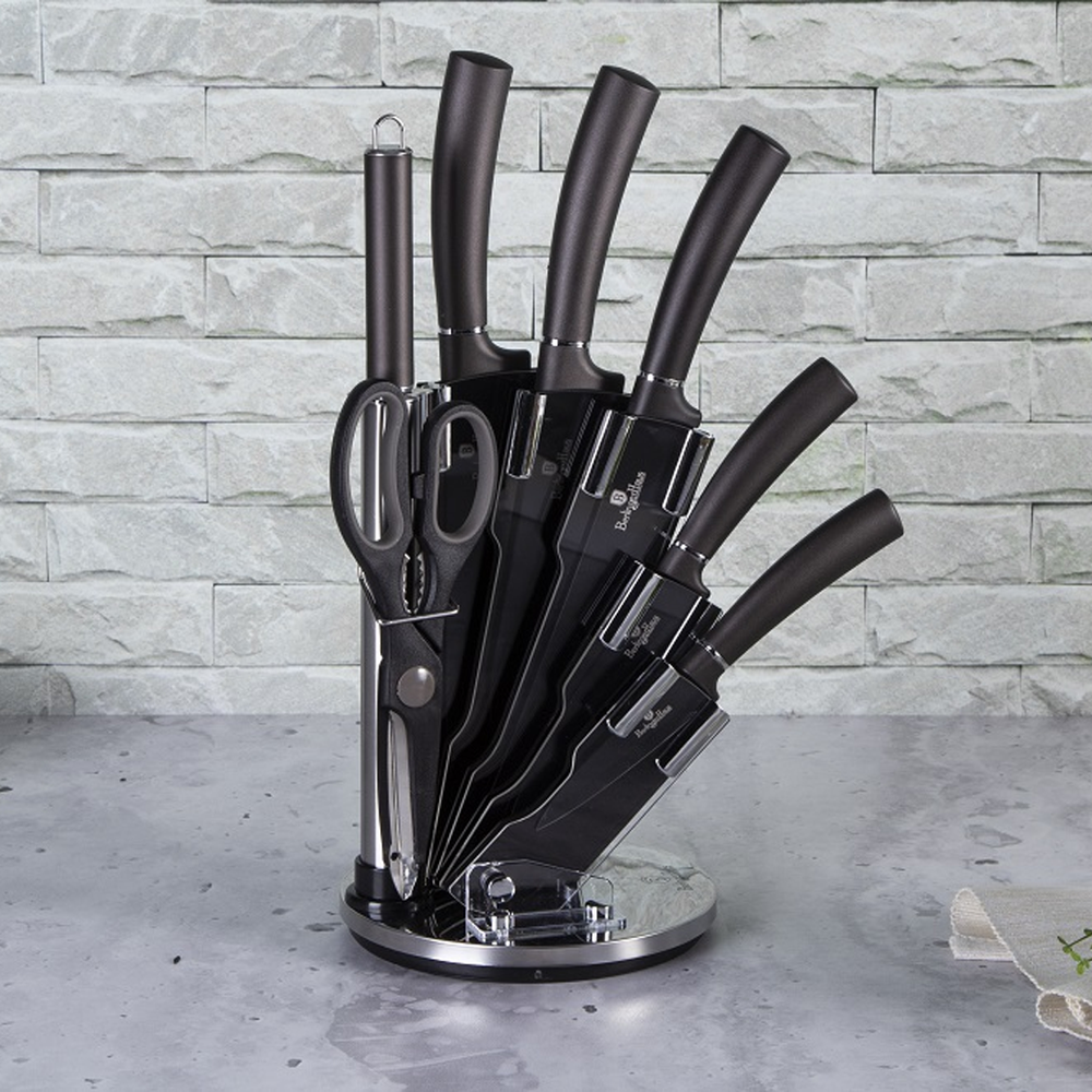 Carbon Set 5 Stainless Steel Knives with Stand, Black Handles, Kitchen Set