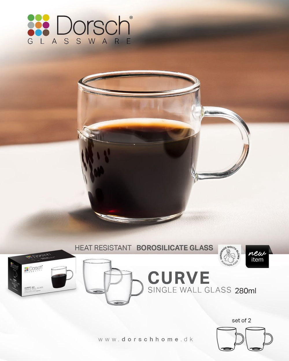Curve Glass Mugs Set 2pcs, Heat Resistant Borosilicate