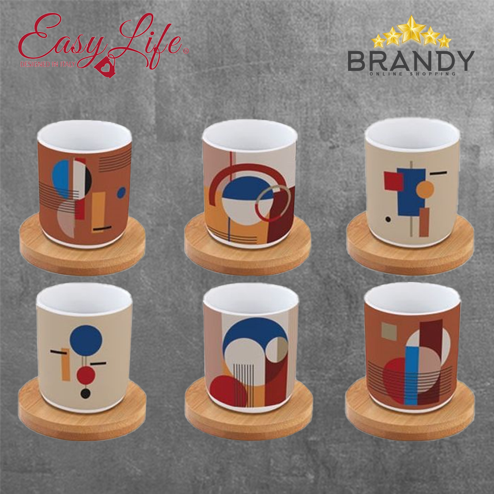 Bauhaus Espresso Cups Set 6pcs, Porcelain with Bamboo Coasters