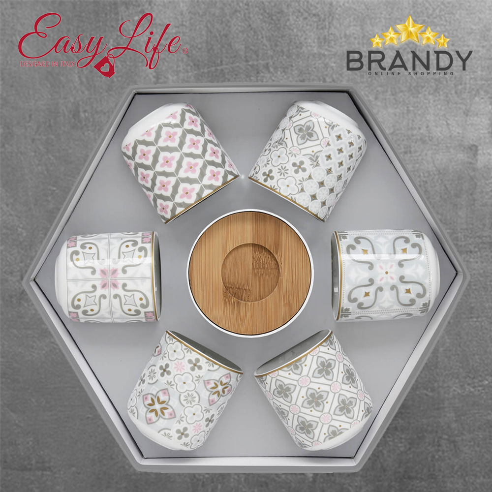 Happy Espresso Cups Set 6pcs Porcelain with Bamboo Coasters