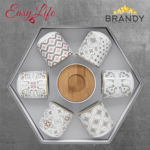 Happy Espresso Cups Set 6pcs Porcelain with Bamboo Coasters