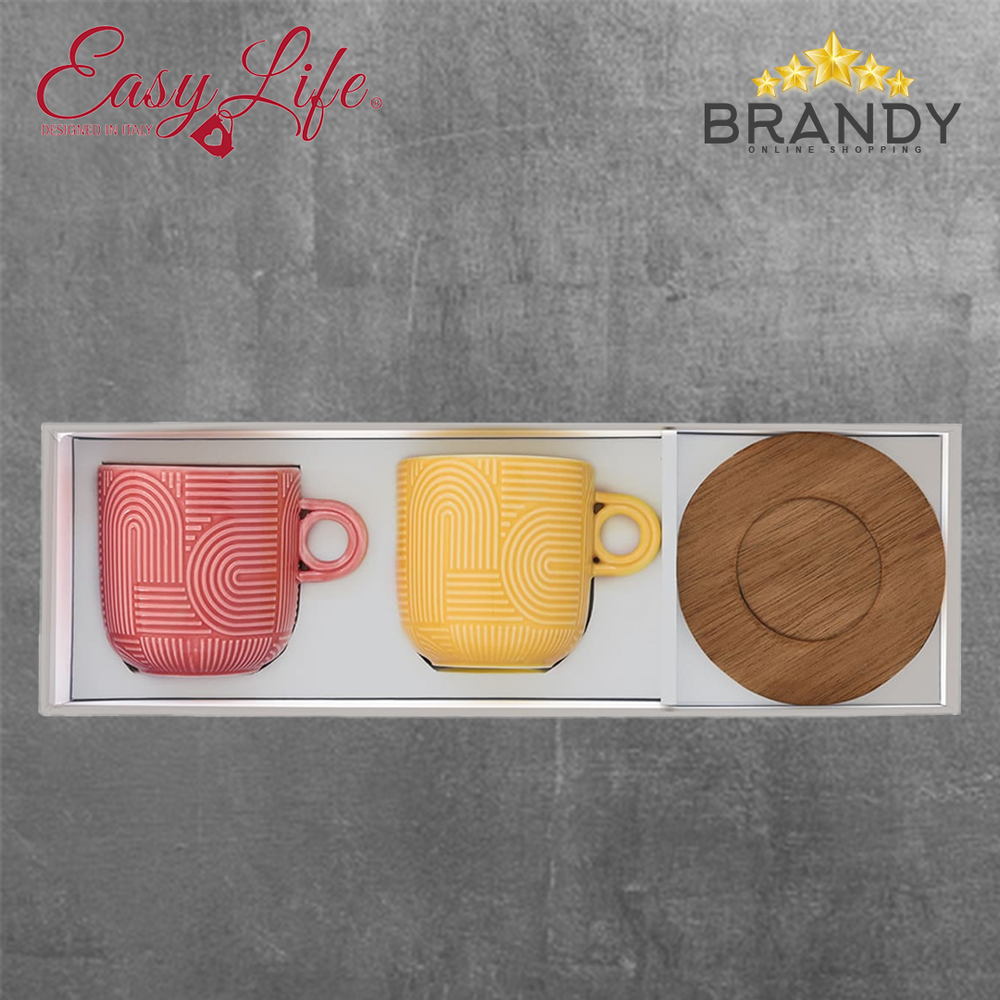 Take A Loop Mugs Set 2pcs, Porcelain with Wooden Saucers