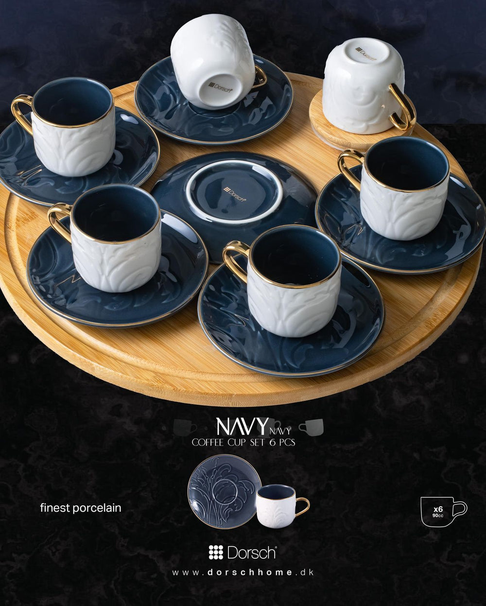 Leaf Navy Coffee Cups Set 6pcs
