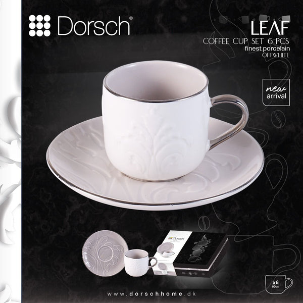 Leaf Off-White Porcelain Coffee Cups Set 6pcs