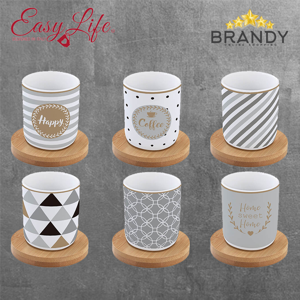 Happy Espresso Cups Set 6pcs Porcelain with Bamboo Coasters