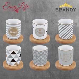 Happy Espresso Cups Set 6pcs Porcelain with Bamboo Coasters