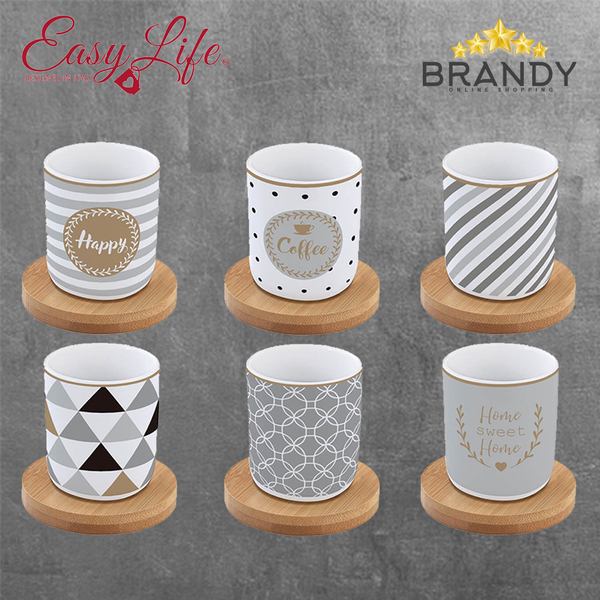 Happy Espresso Cups Set 6pcs Porcelain with Bamboo Coasters