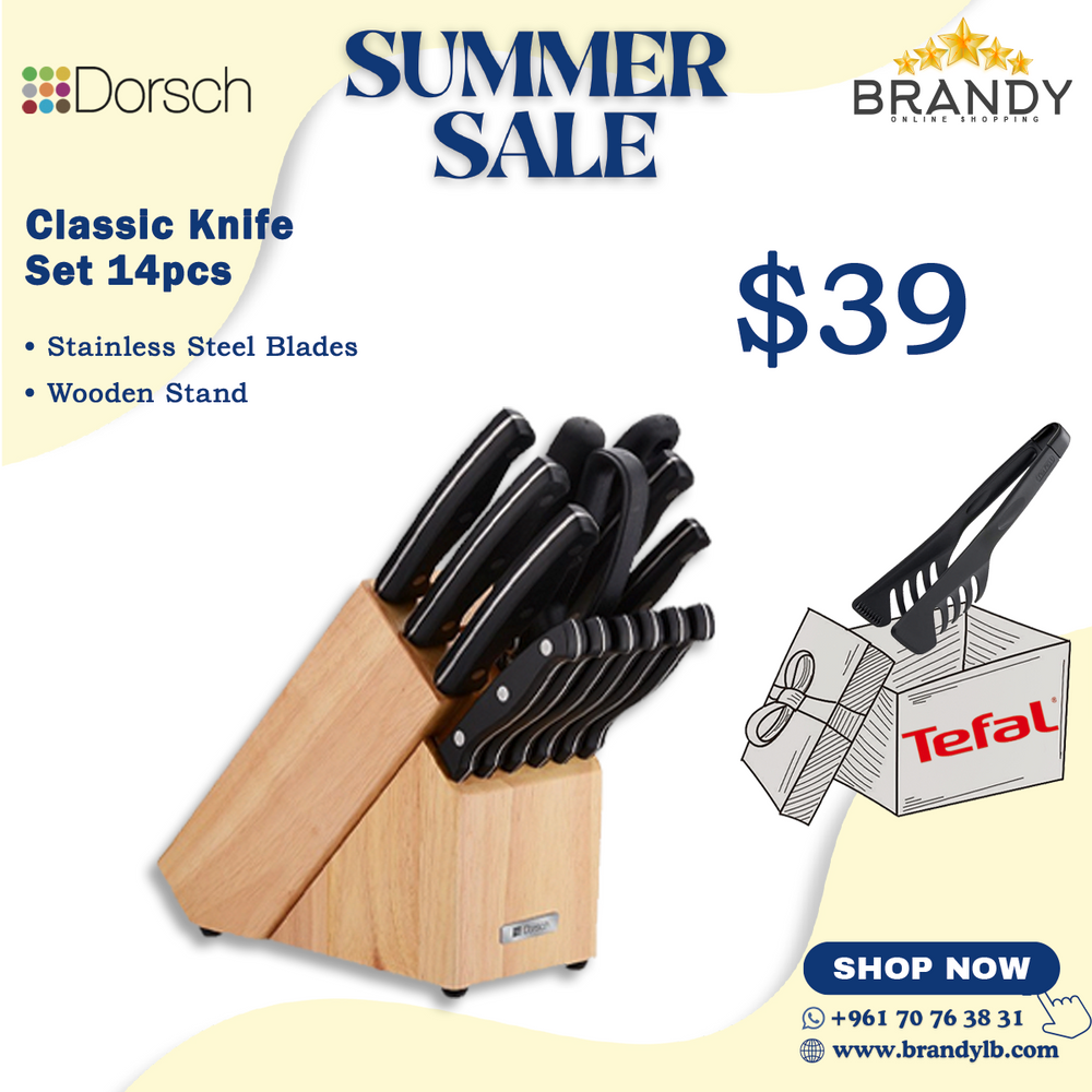 Classic Knife Set 14pcs with Wooden Stand + Free Tefal Tongs