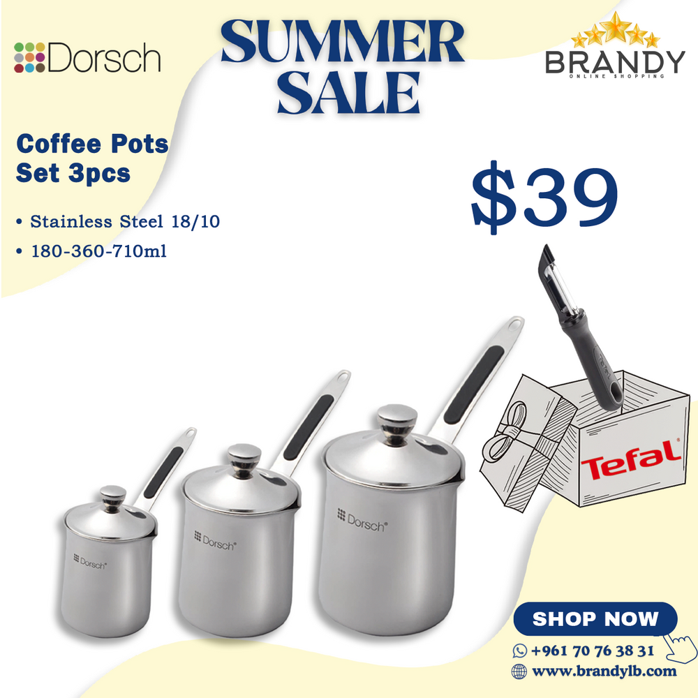 Set of 3 Dorsch Stainless Steel Coffee Pots + Free Tefal Peeler
