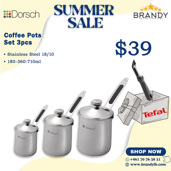 Set of 3 Dorsch Stainless Steel Coffee Pots + Free Tefal Peeler